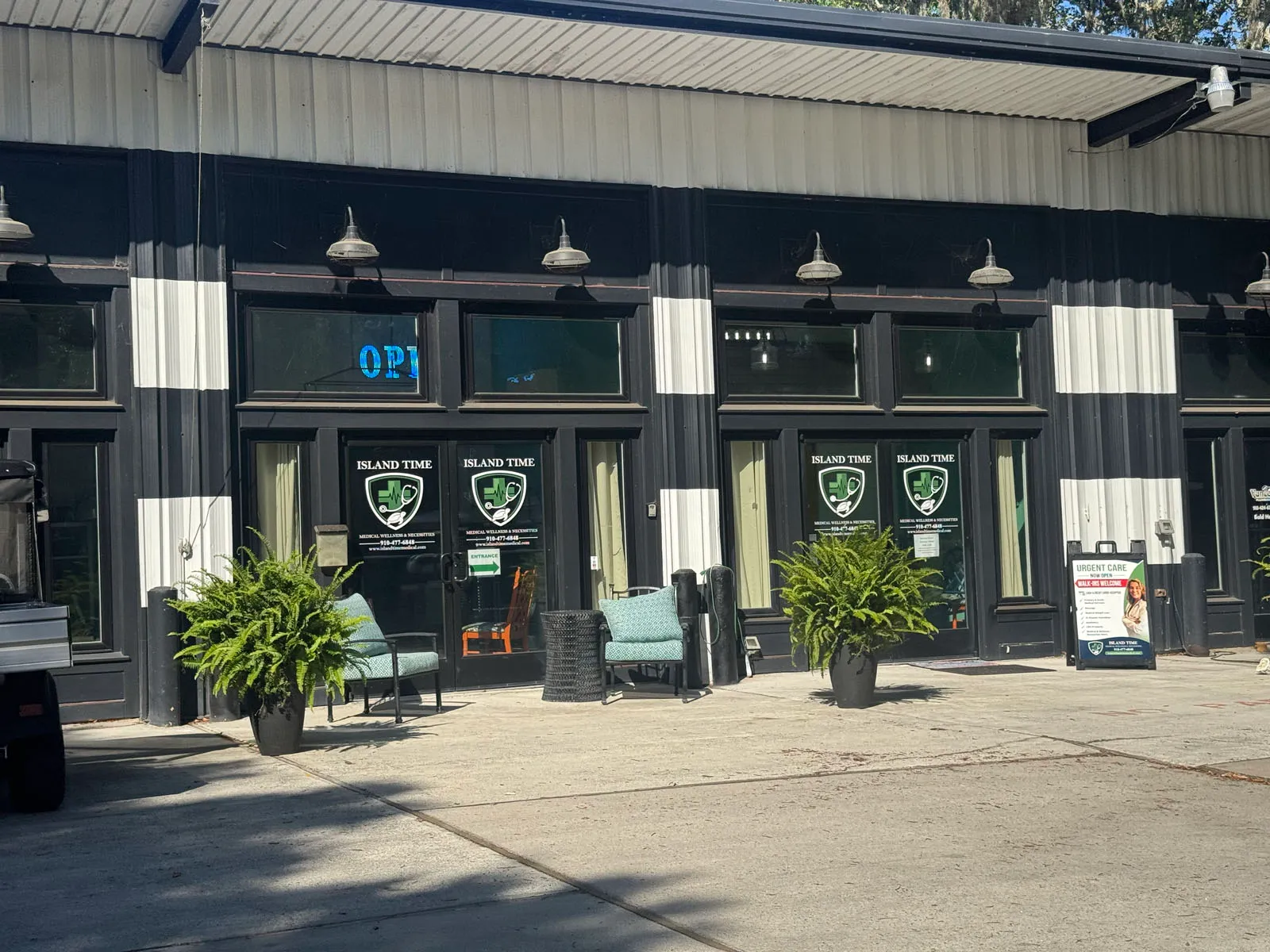 Island Time medical/wellness storefront with OPEN sign