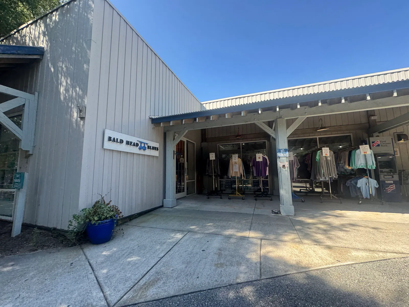 Bald Head Blues storefront with apparel displays