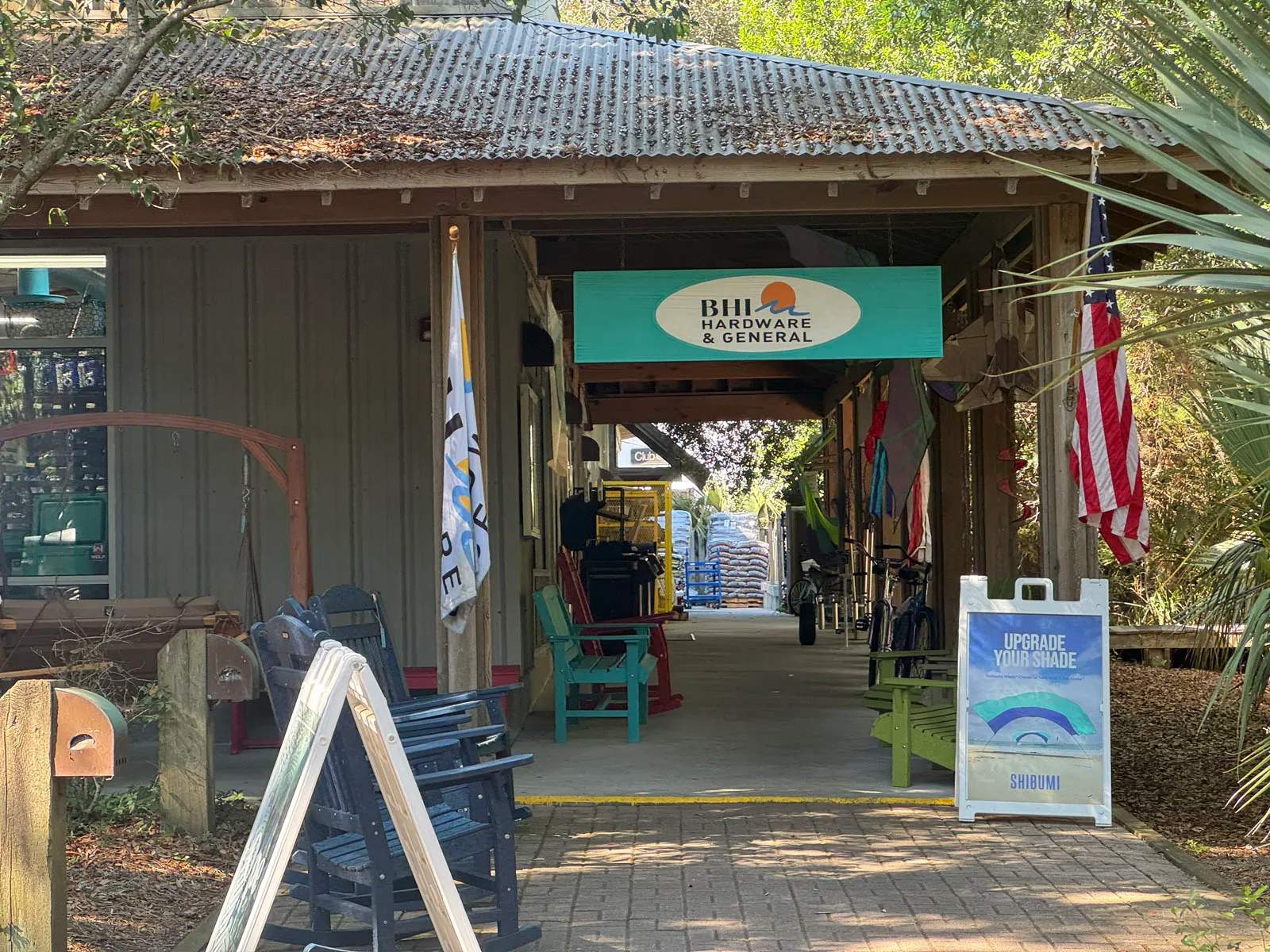 BHI Hardware & General entrance with rockers and signage