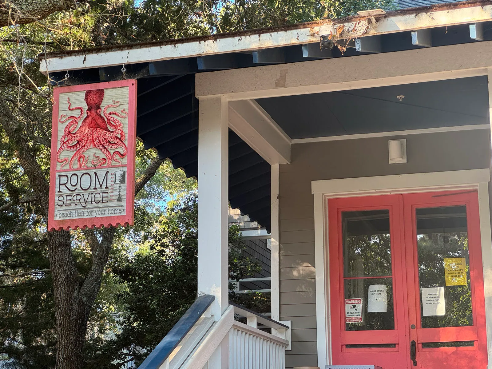 Room Service shop octopus sign and coral doors