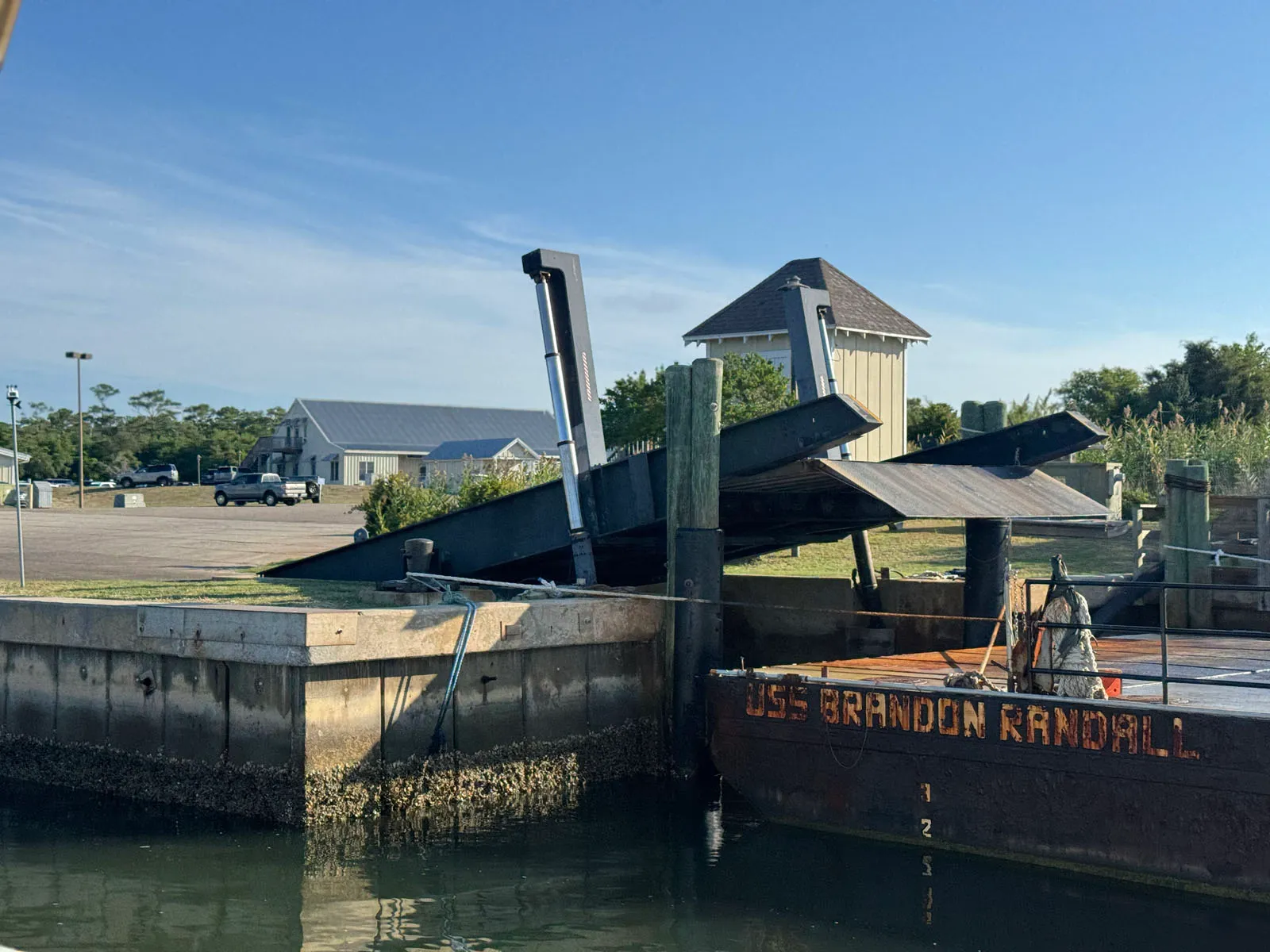 Vehicle barge 'USS Brandon Randall' with raised ramp