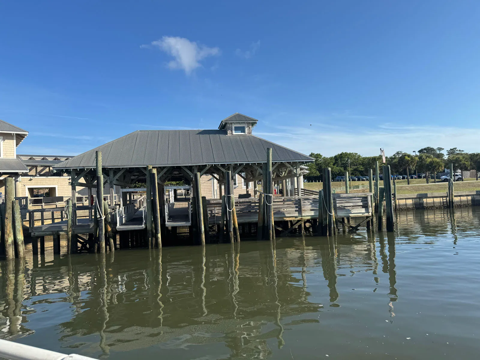 Covered dock pavilion at Bald Head Island ferry landing