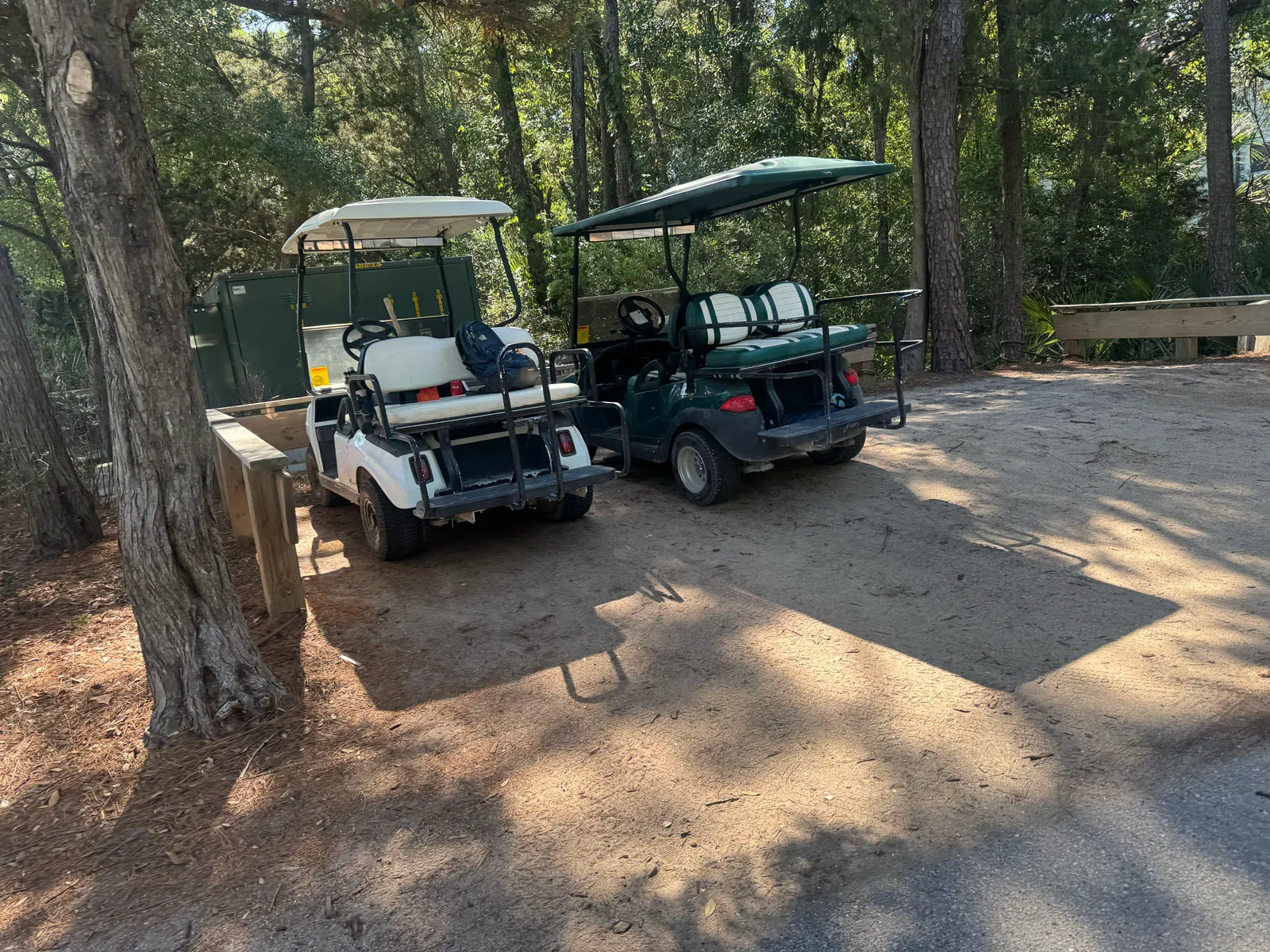 Two golf carts parked in shaded wooded lot