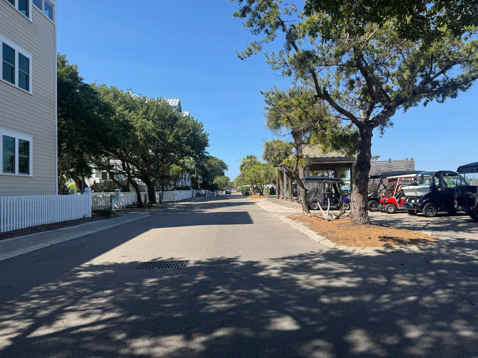 Village street with row of parked golf carts under trees