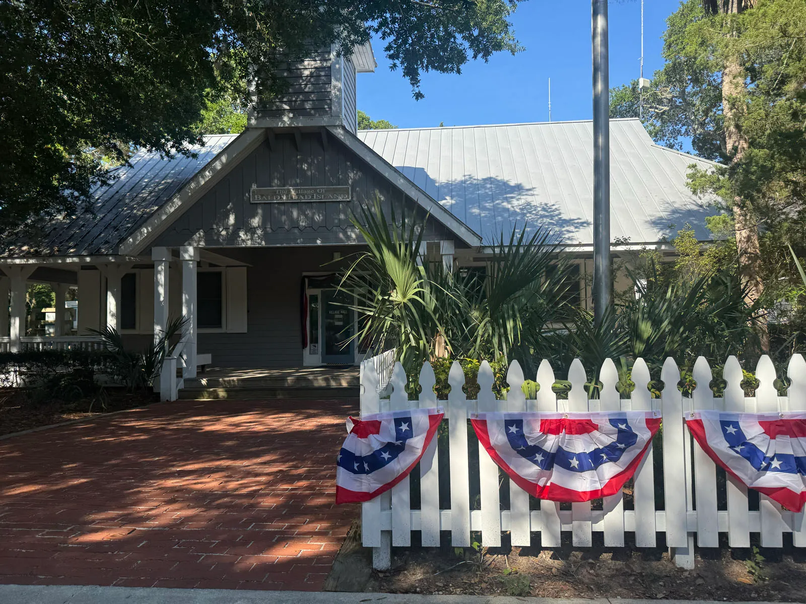 Village of Bald Head Island Village Hall with bunting and picket fence